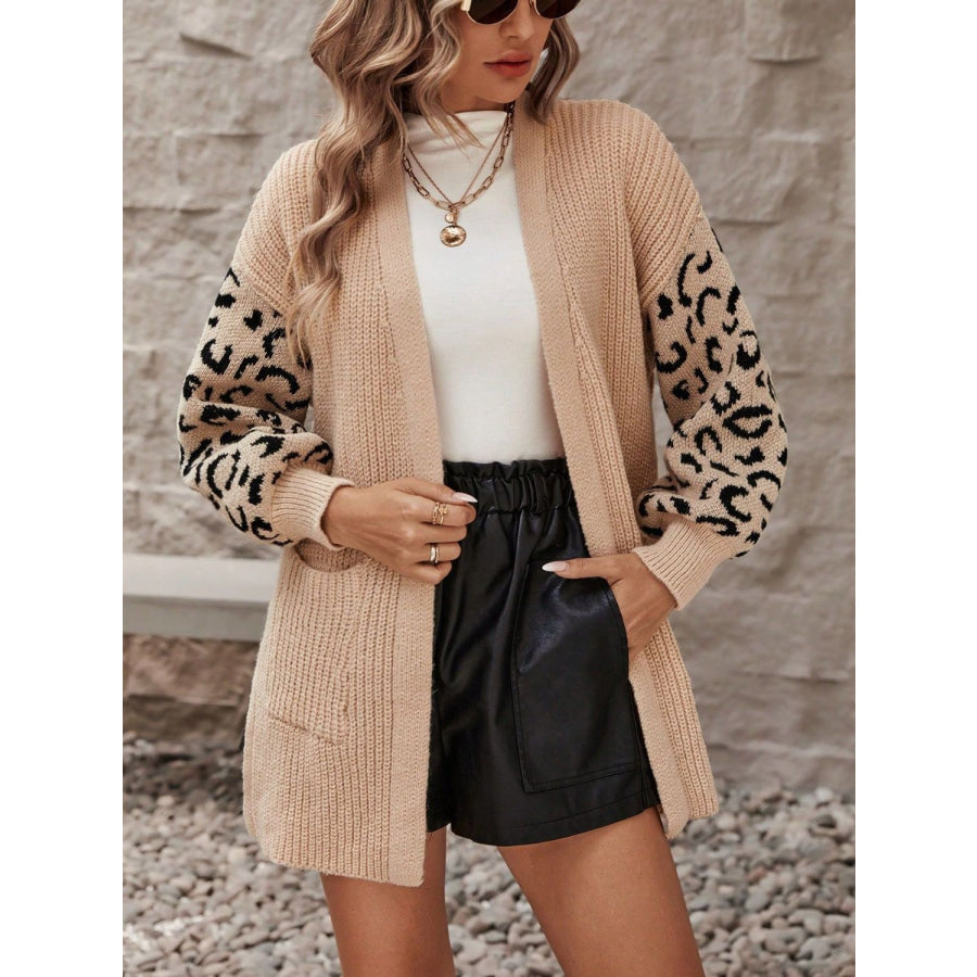 Pocketed Leopard Open Front Cardigan Tan / S Apparel and Accessories