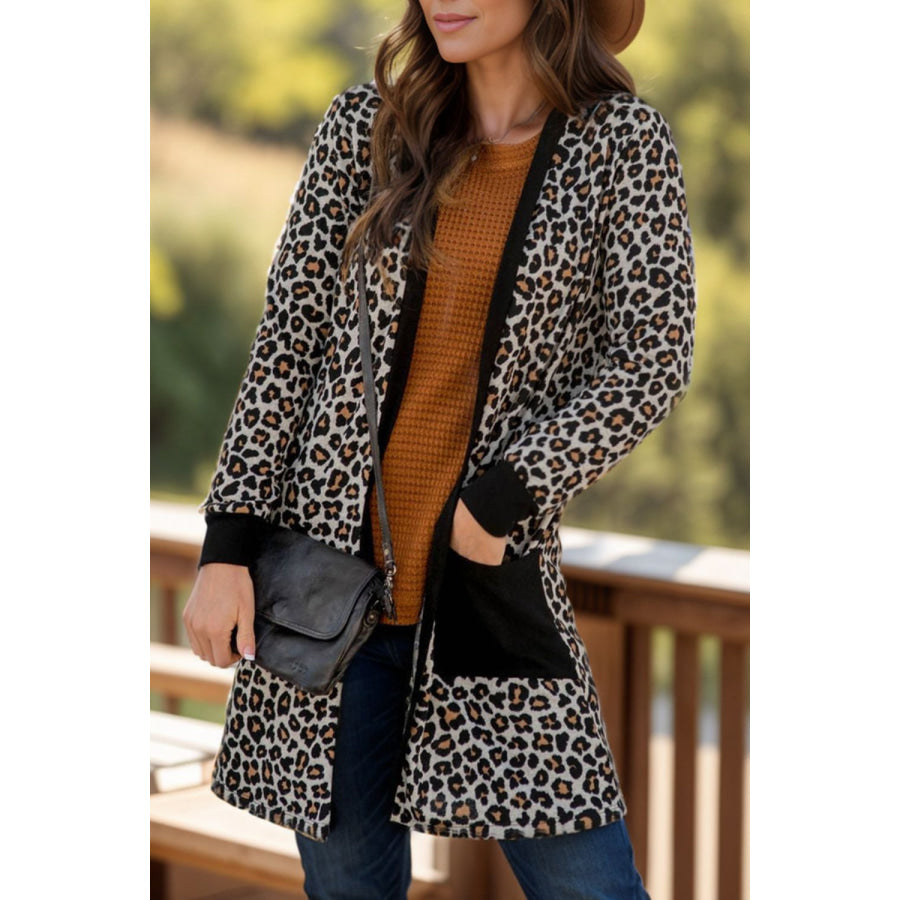 Pocketed Leopard Open Front Cover Up Black / S Apparel and Accessories