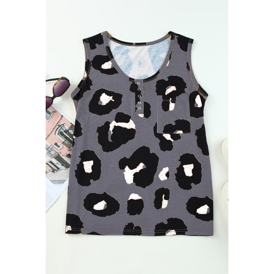 Pocketed Leopard Round Neck Tank Apparel and Accessories