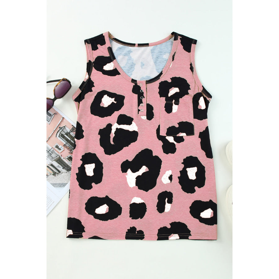 Pocketed Leopard Round Neck Tank Apparel and Accessories