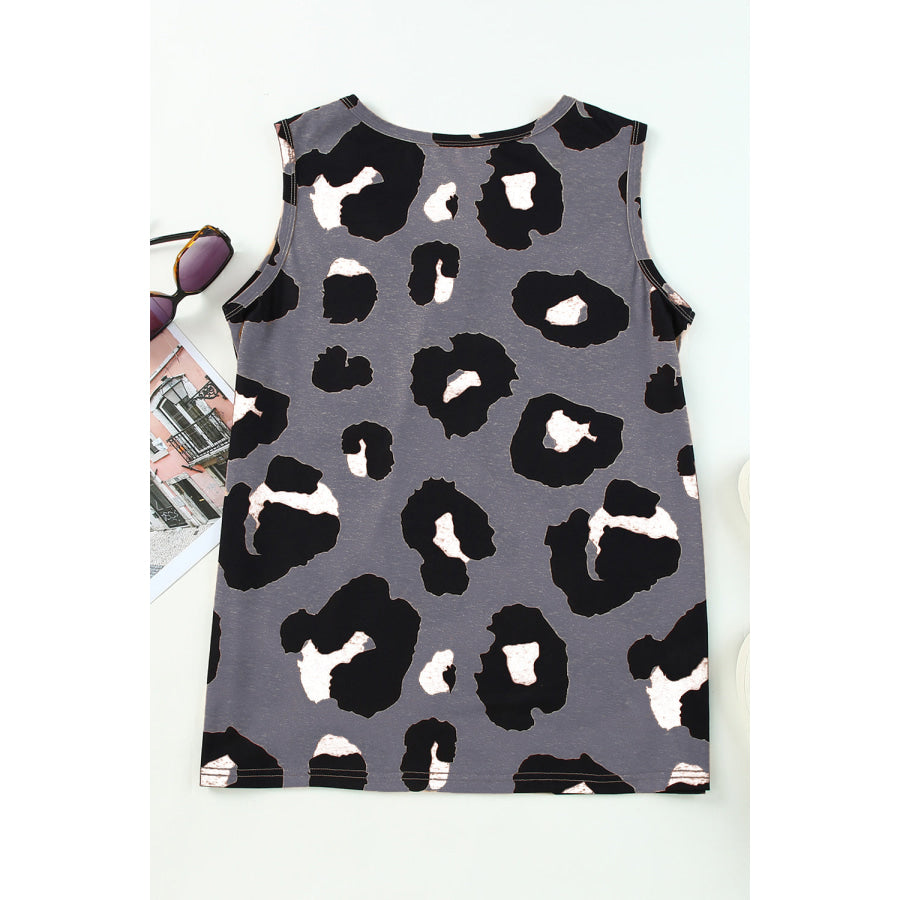 Pocketed Leopard Round Neck Tank Apparel and Accessories