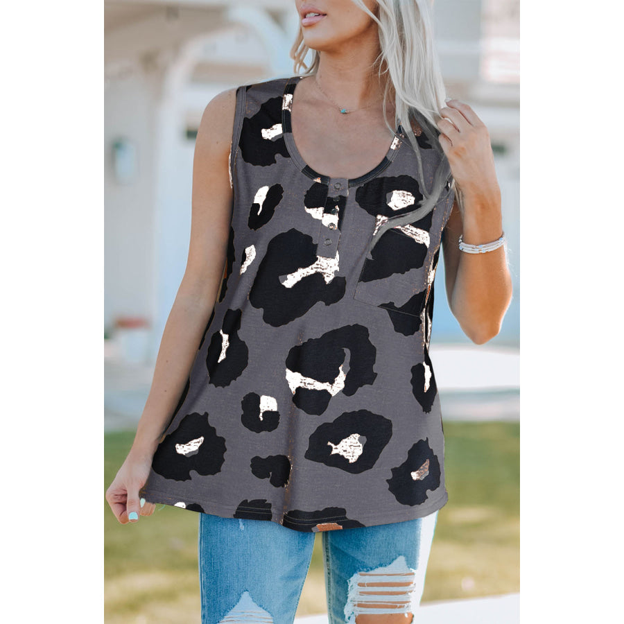 Pocketed Leopard Round Neck Tank Charcoal / S Apparel and Accessories