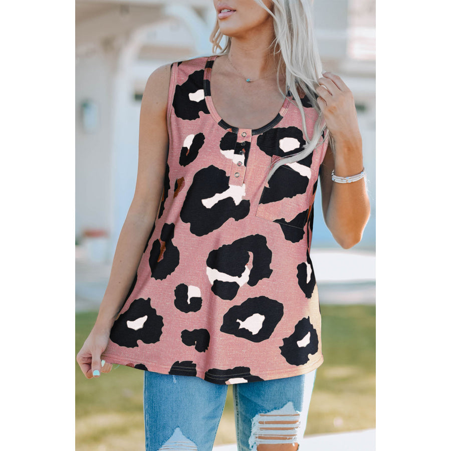 Pocketed Leopard Round Neck Tank Dusty Pink / S Apparel and Accessories