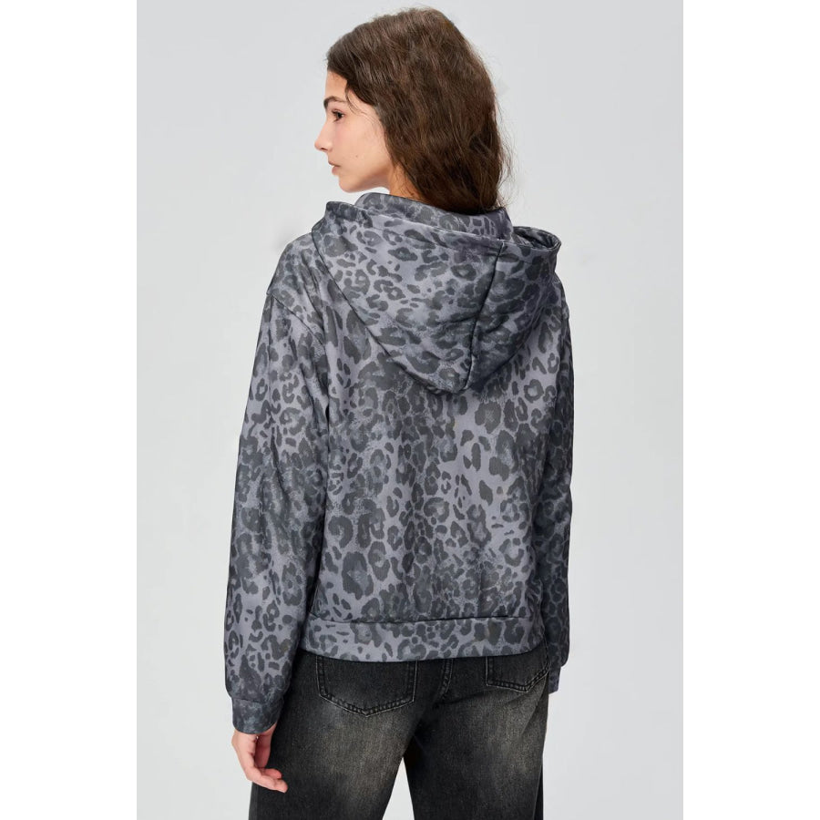 Pocketed Leopard Zip Up Hooded Jacket Dark Gray / S Apparel and Accessories