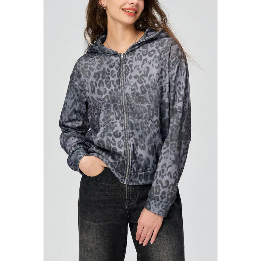 Pocketed Leopard Zip Up Hooded Jacket Dark Gray / S Apparel and Accessories