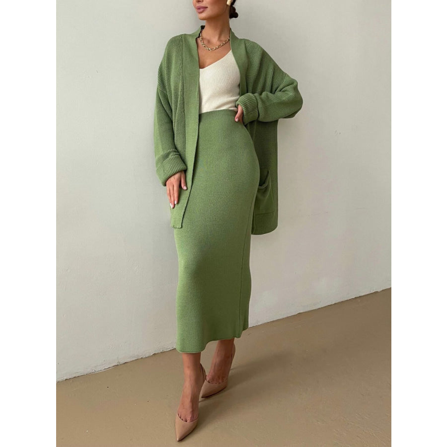 Pocketed Long Sleeve Cardigan and Skirt Sweater Set Apparel and Accessories