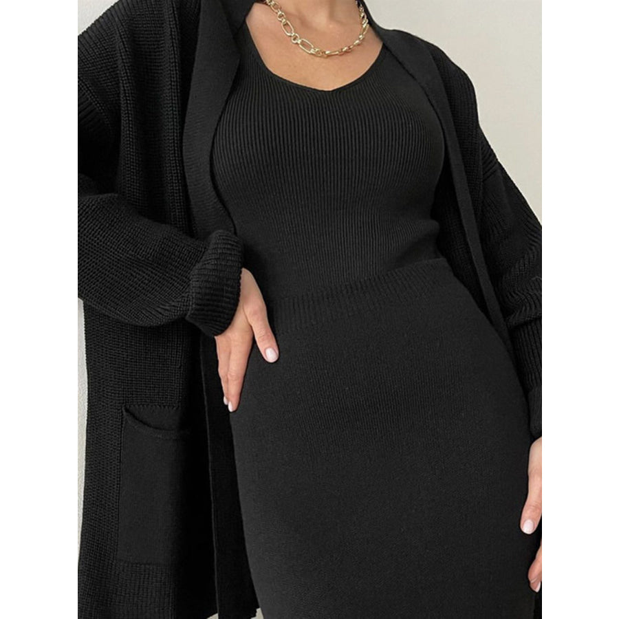 Pocketed Long Sleeve Cardigan and Skirt Sweater Set Apparel and Accessories