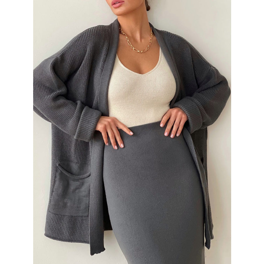 Pocketed Long Sleeve Cardigan and Skirt Sweater Set Apparel and Accessories