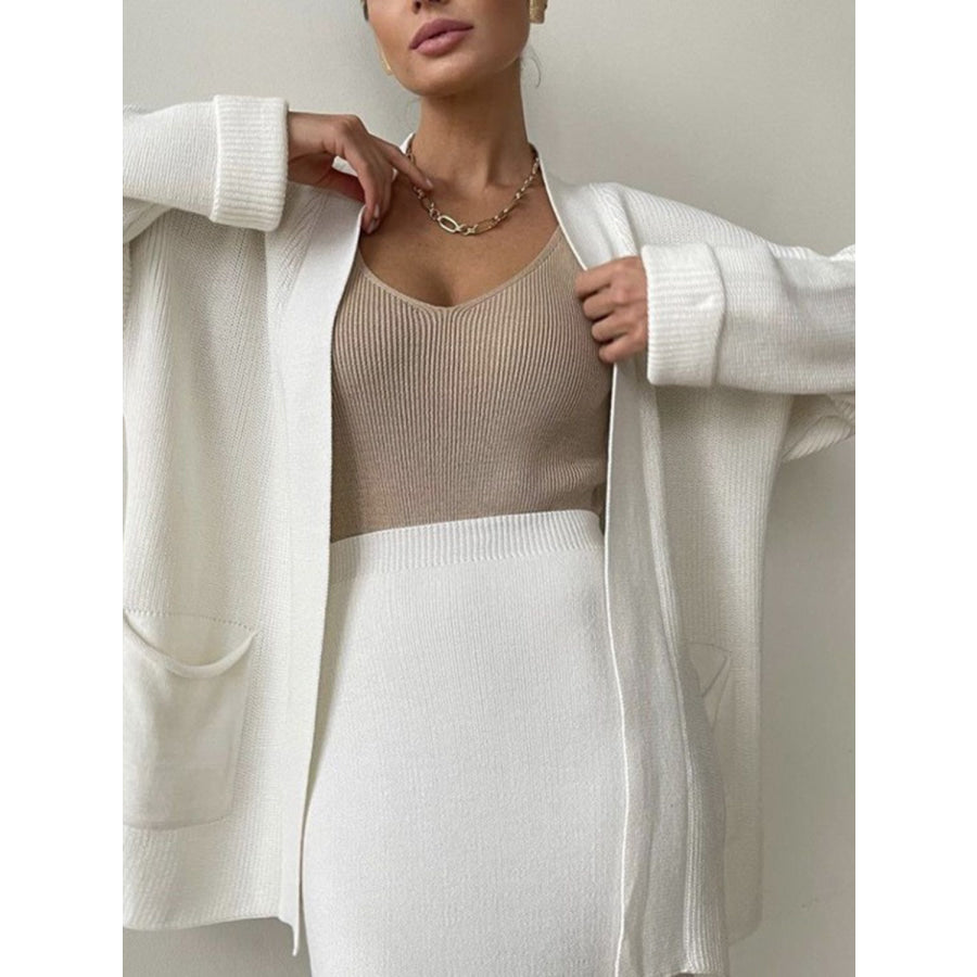 Pocketed Long Sleeve Cardigan and Skirt Sweater Set Cream / One Size Apparel and Accessories