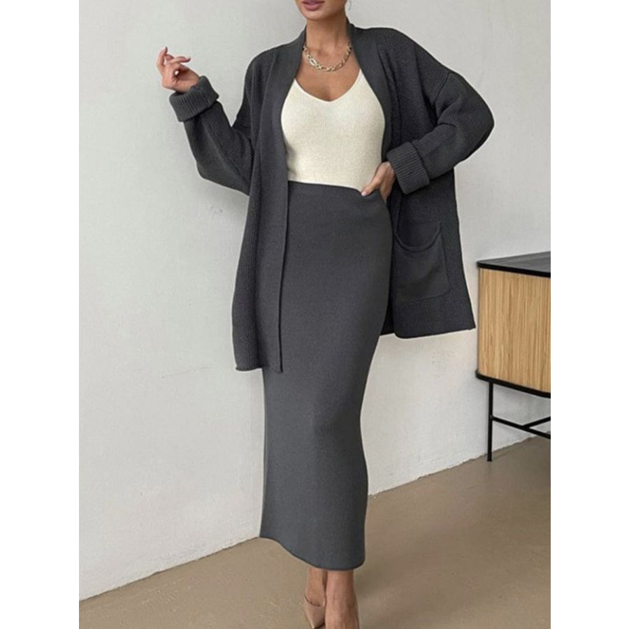 Pocketed Long Sleeve Cardigan and Skirt Sweater Set Apparel and Accessories