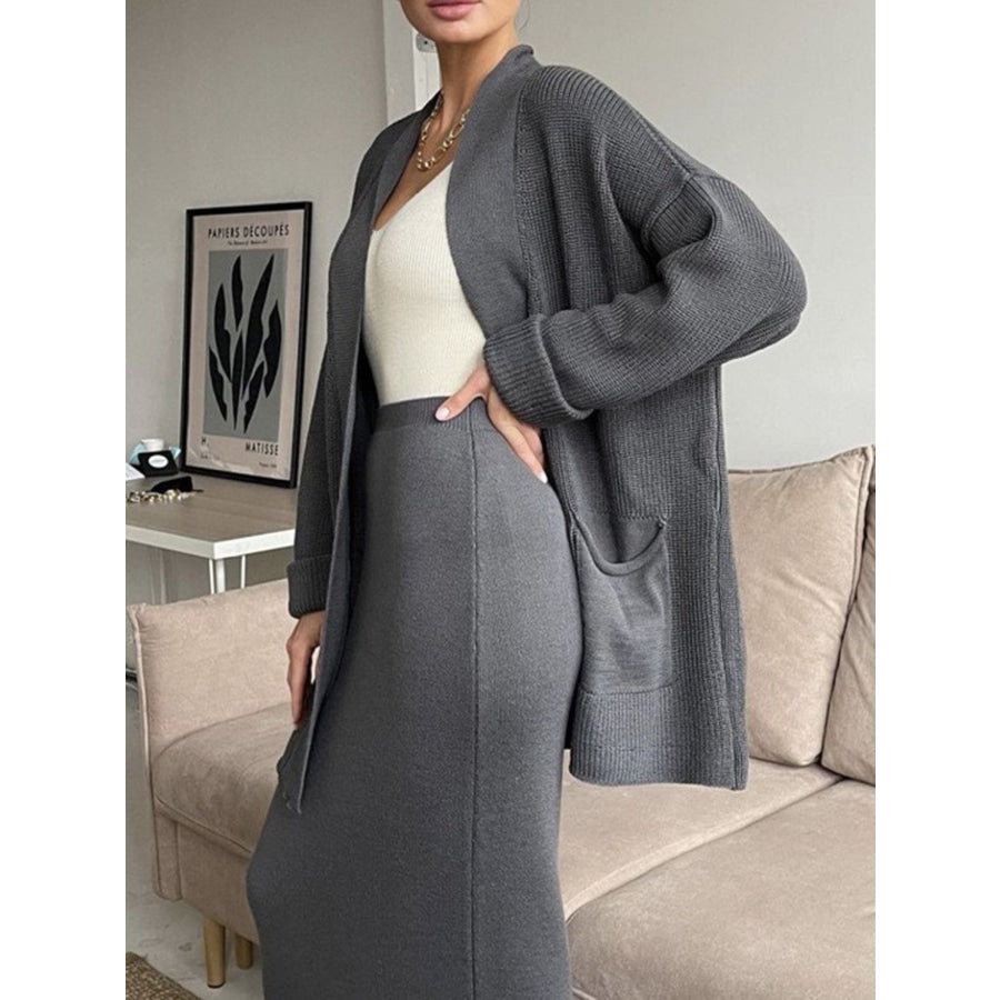 Pocketed Long Sleeve Cardigan and Skirt Sweater Set Apparel and Accessories