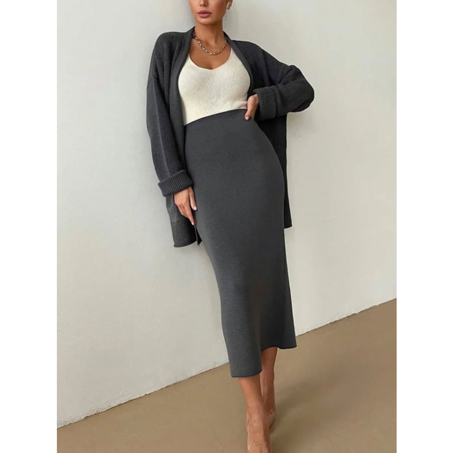 Pocketed Long Sleeve Cardigan and Skirt Sweater Set Apparel and Accessories