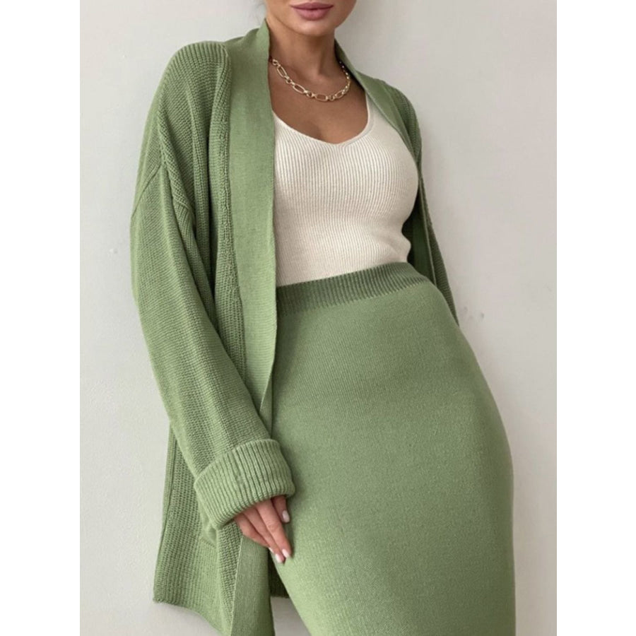 Pocketed Long Sleeve Cardigan and Skirt Sweater Set Apparel and Accessories