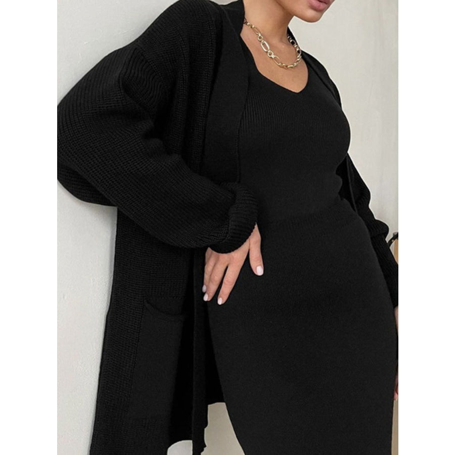 Pocketed Long Sleeve Cardigan and Skirt Sweater Set Black / One Size Apparel and Accessories