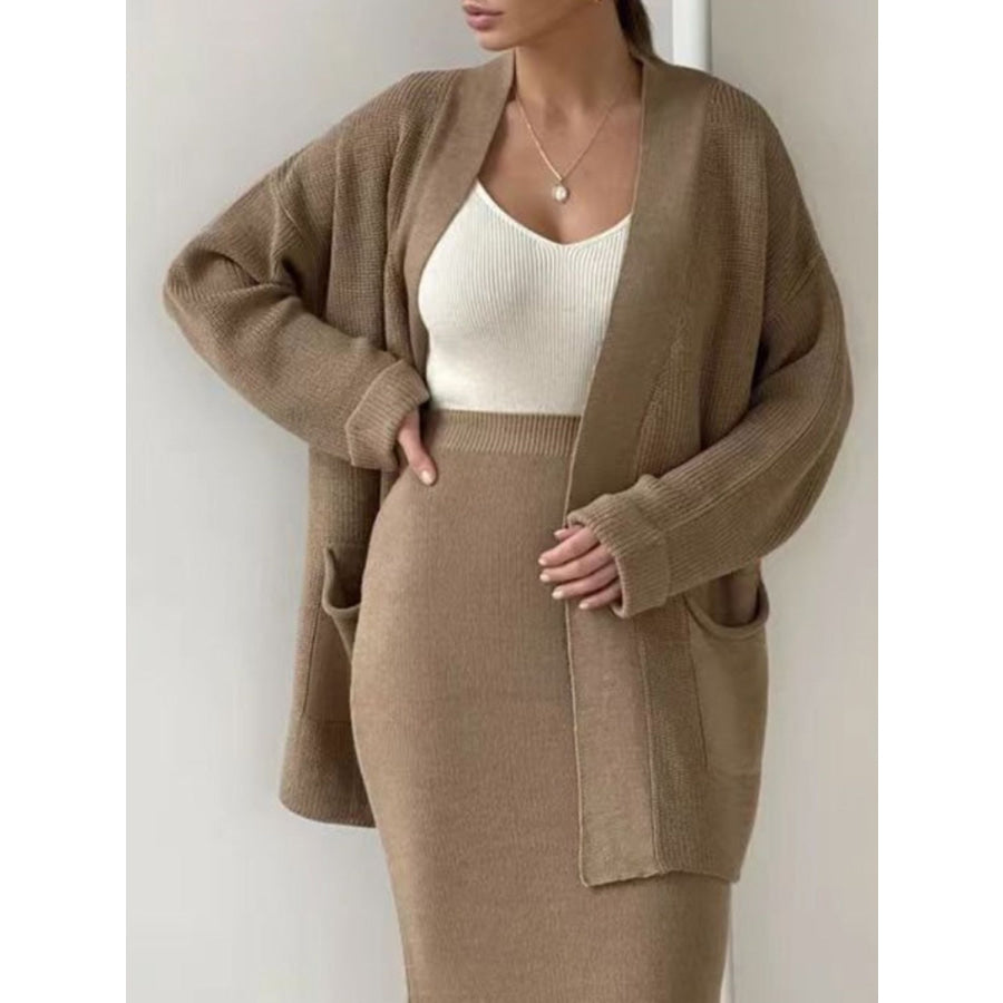 Pocketed Long Sleeve Cardigan and Skirt Sweater Set Camel / One Size Apparel and Accessories