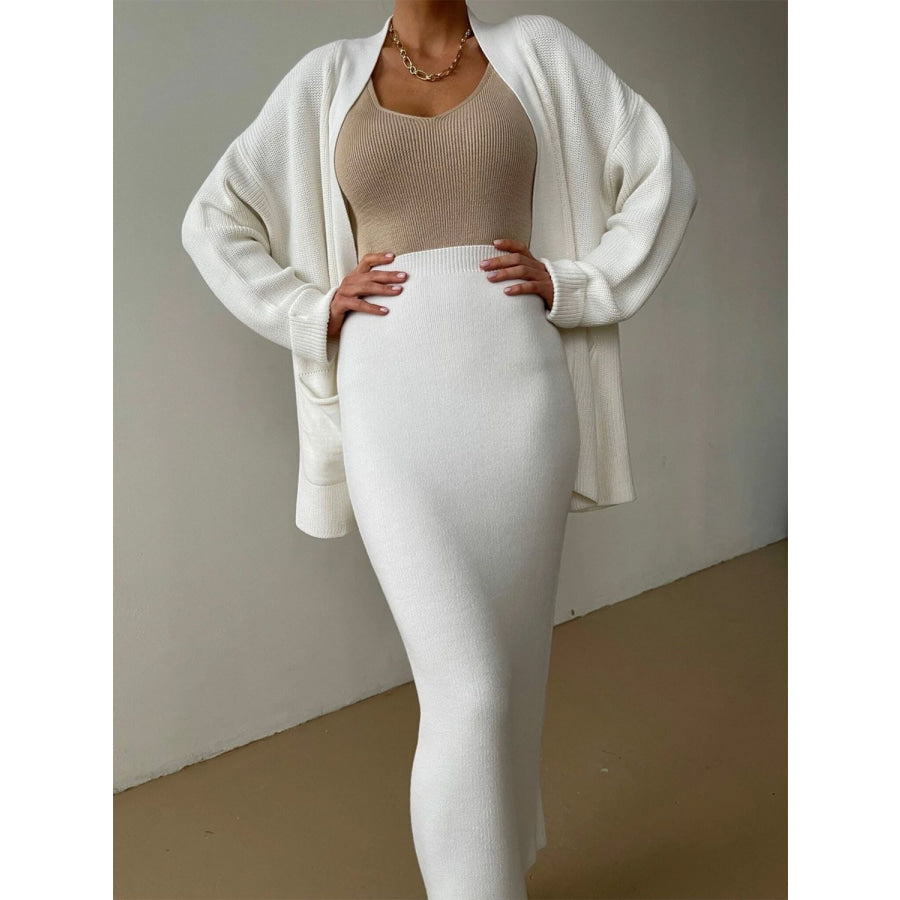 Pocketed Long Sleeve Cardigan and Skirt Sweater Set Cream / One Size Apparel and Accessories