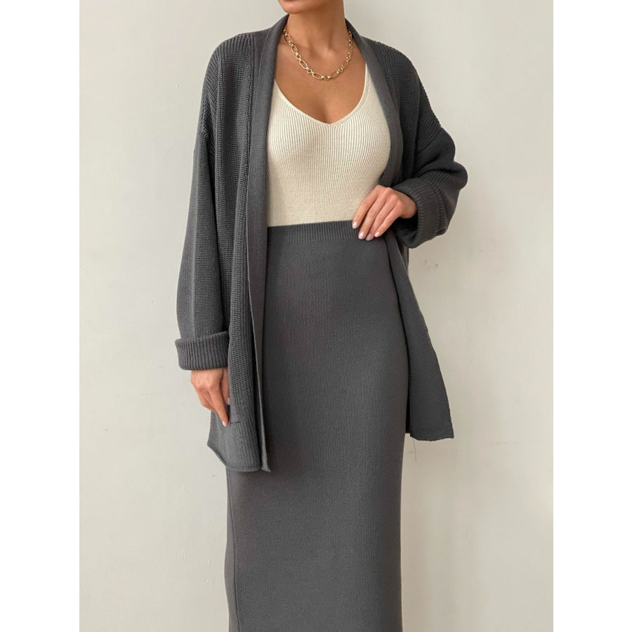 Pocketed Long Sleeve Cardigan and Skirt Sweater Set Dark Gray / One Size Apparel and Accessories