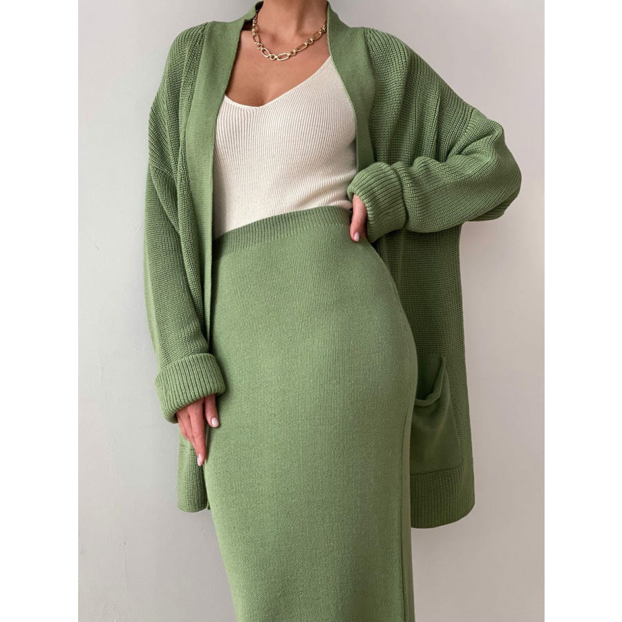 Pocketed Long Sleeve Cardigan and Skirt Sweater Set Gum Leaf / One Size Apparel and Accessories