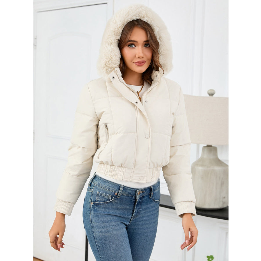 Pocketed Long Sleeve Cropped Hooded Winter Coat Apparel and Accessories