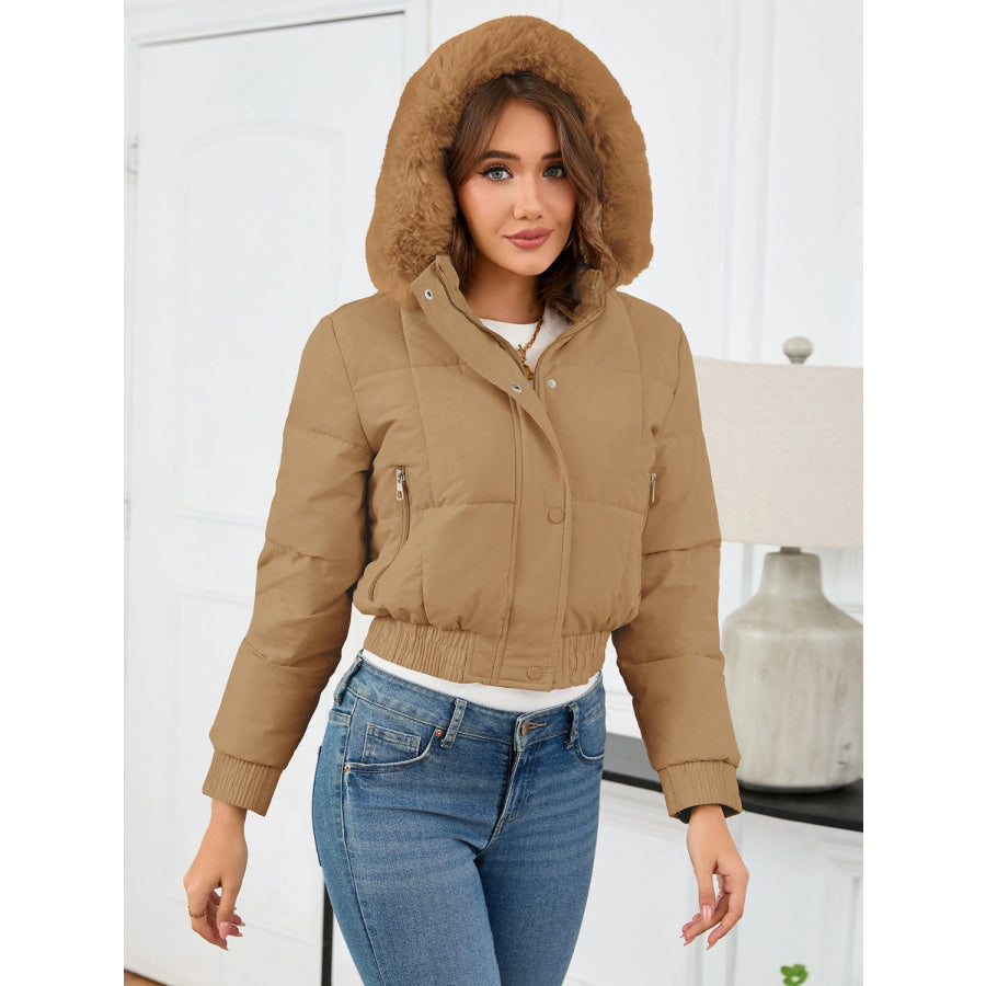 Pocketed Long Sleeve Cropped Hooded Winter Coat Apparel and Accessories