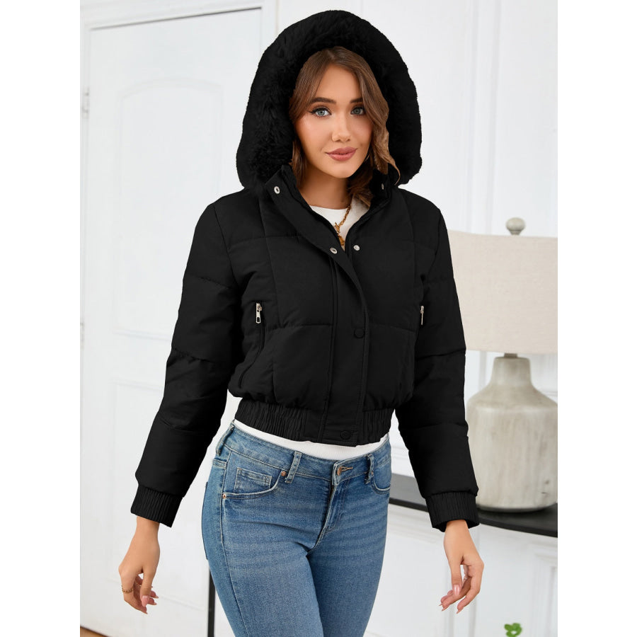 Pocketed Long Sleeve Cropped Hooded Winter Coat Apparel and Accessories