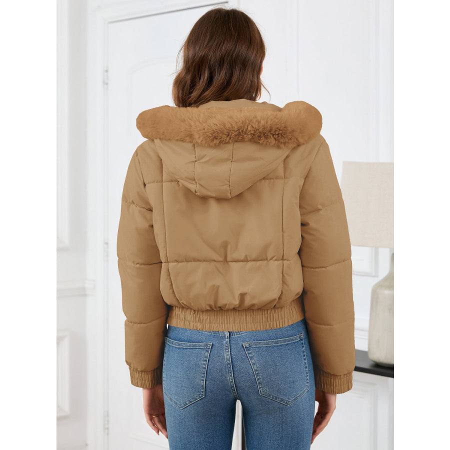 Pocketed Long Sleeve Cropped Hooded Winter Coat Camel / S Apparel and Accessories