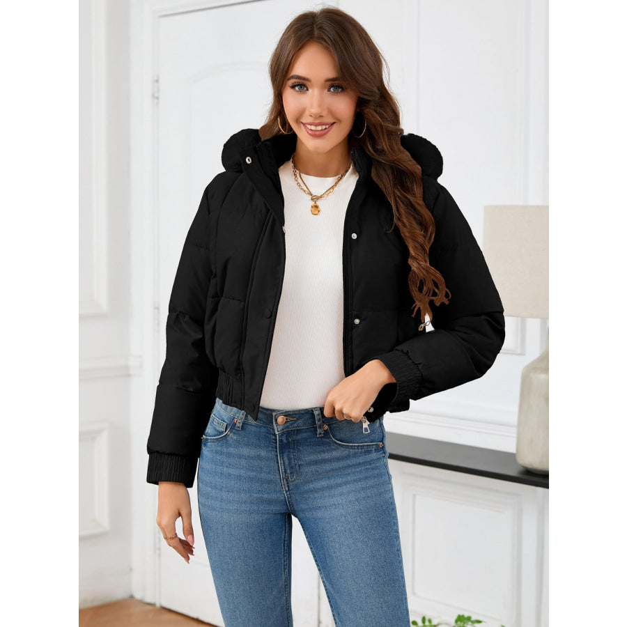 Pocketed Long Sleeve Cropped Hooded Winter Coat Black / S Apparel and Accessories