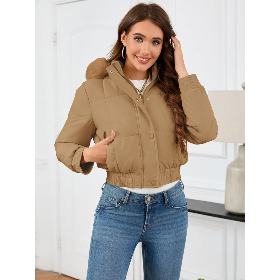 Pocketed Long Sleeve Cropped Hooded Winter Coat Camel / S Apparel and Accessories