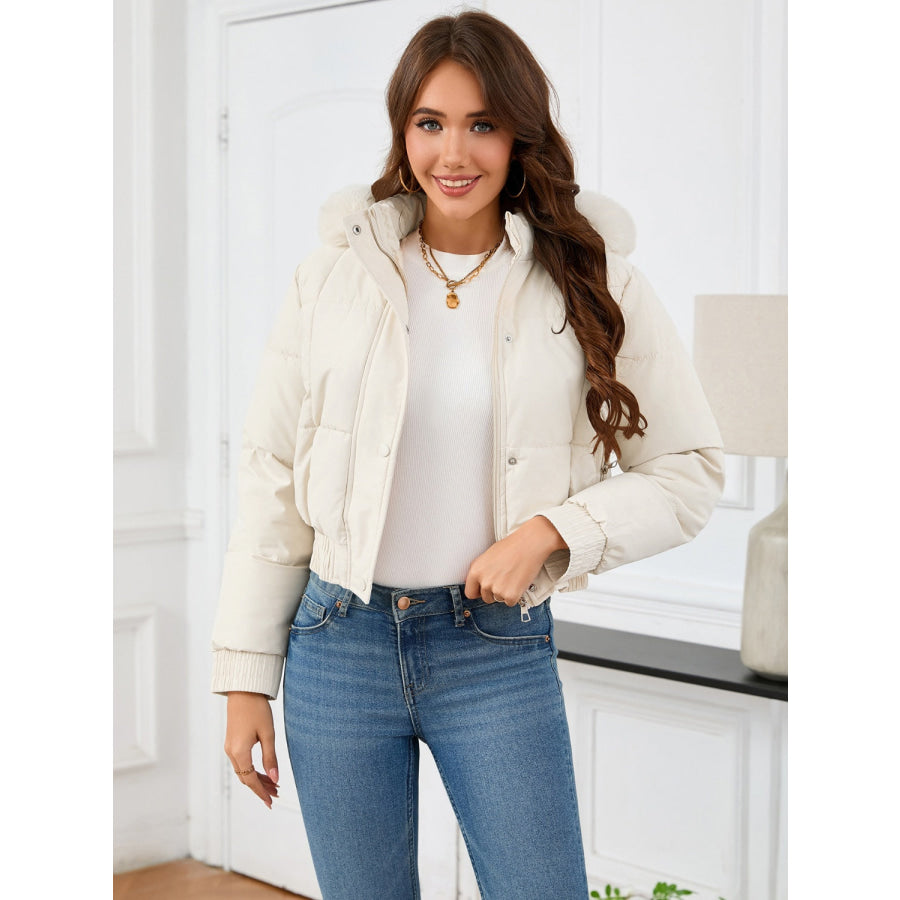 Pocketed Long Sleeve Cropped Hooded Winter Coat White / S Apparel and Accessories