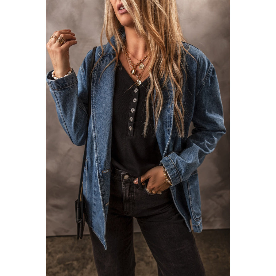 Pocketed Long Sleeve Denim Jacket Apparel and Accessories