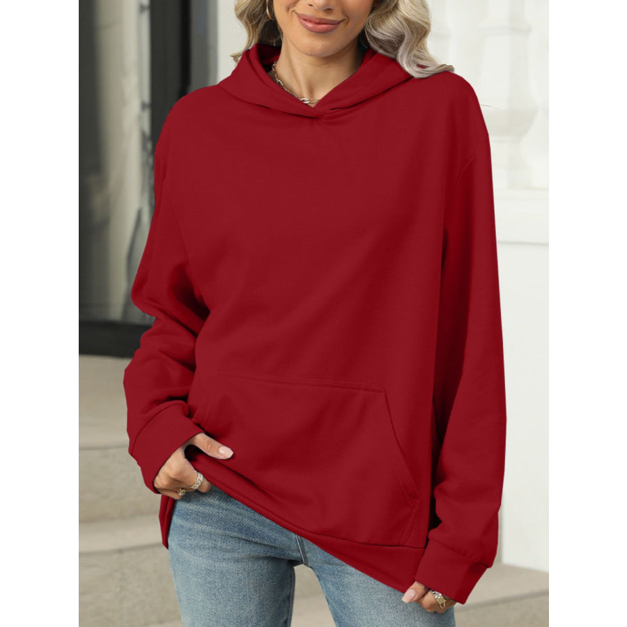 Pocketed Long Sleeve Hoodie Burgundy / S Apparel and Accessories