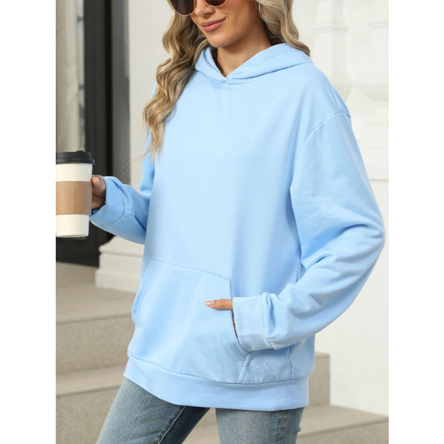 Pocketed Long Sleeve Hoodie Light Blue / S Apparel and Accessories