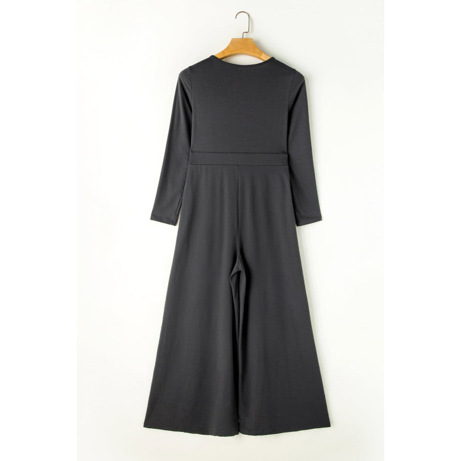 Pocketed Long Sleeve Wide Leg Jumpsuit Apparel and Accessories