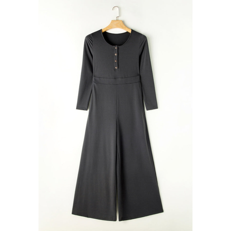 Pocketed Long Sleeve Wide Leg Jumpsuit Dark Gray / S Apparel and Accessories