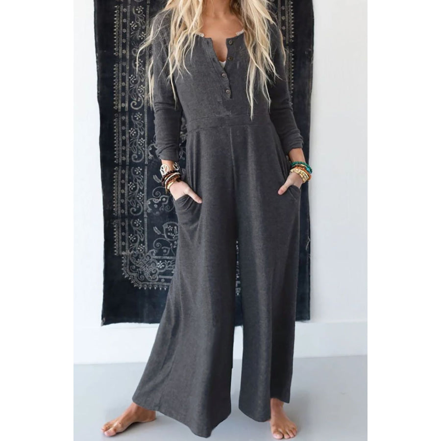 Pocketed Long Sleeve Wide Leg Jumpsuit Dark Gray / S Apparel and Accessories