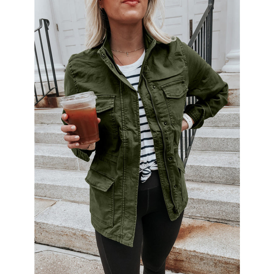 Pocketed Long Sleeve Zip Up Jacket Army Green / S Apparel and Accessories