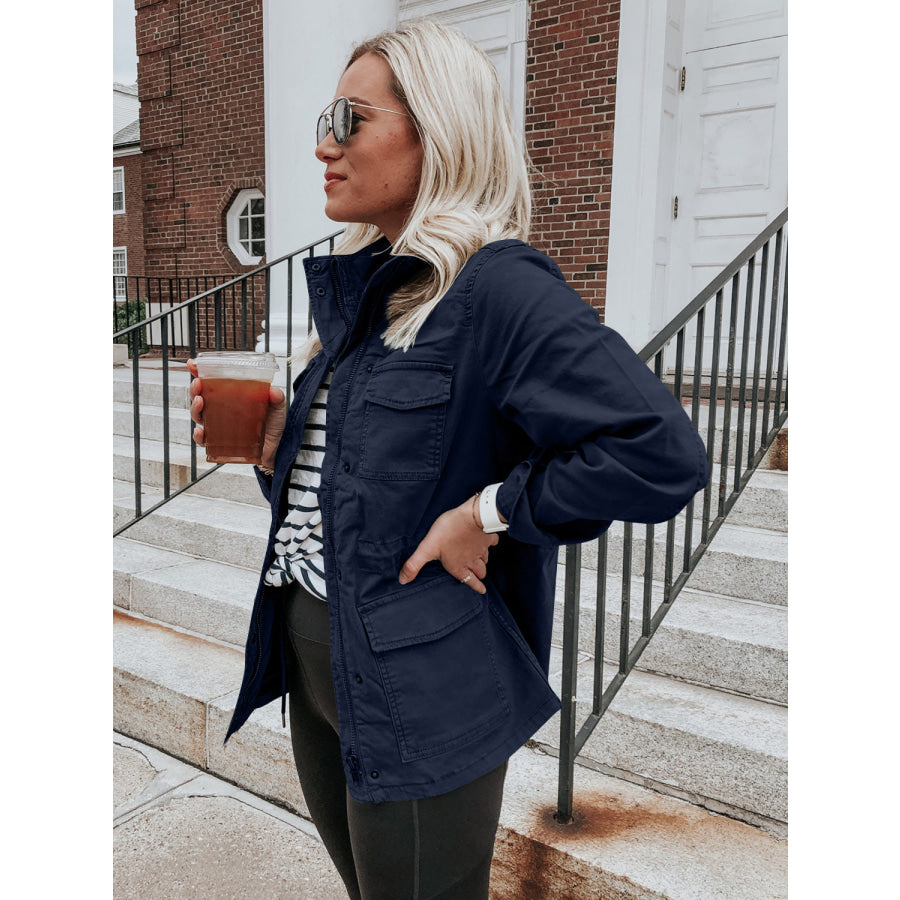 Pocketed Long Sleeve Zip Up Jacket Apparel and Accessories