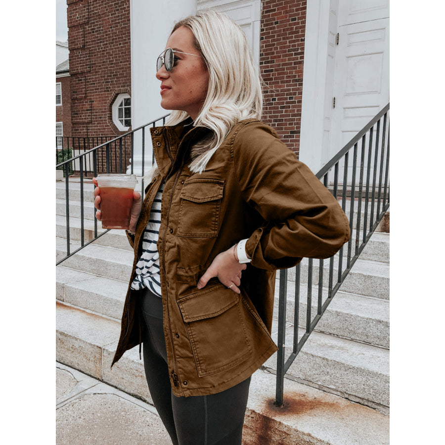 Pocketed Long Sleeve Zip Up Jacket Apparel and Accessories