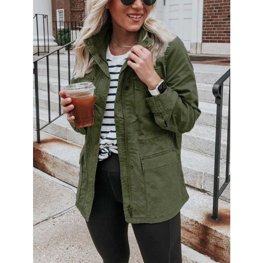 Pocketed Long Sleeve Zip Up Jacket Army Green / S Apparel and Accessories