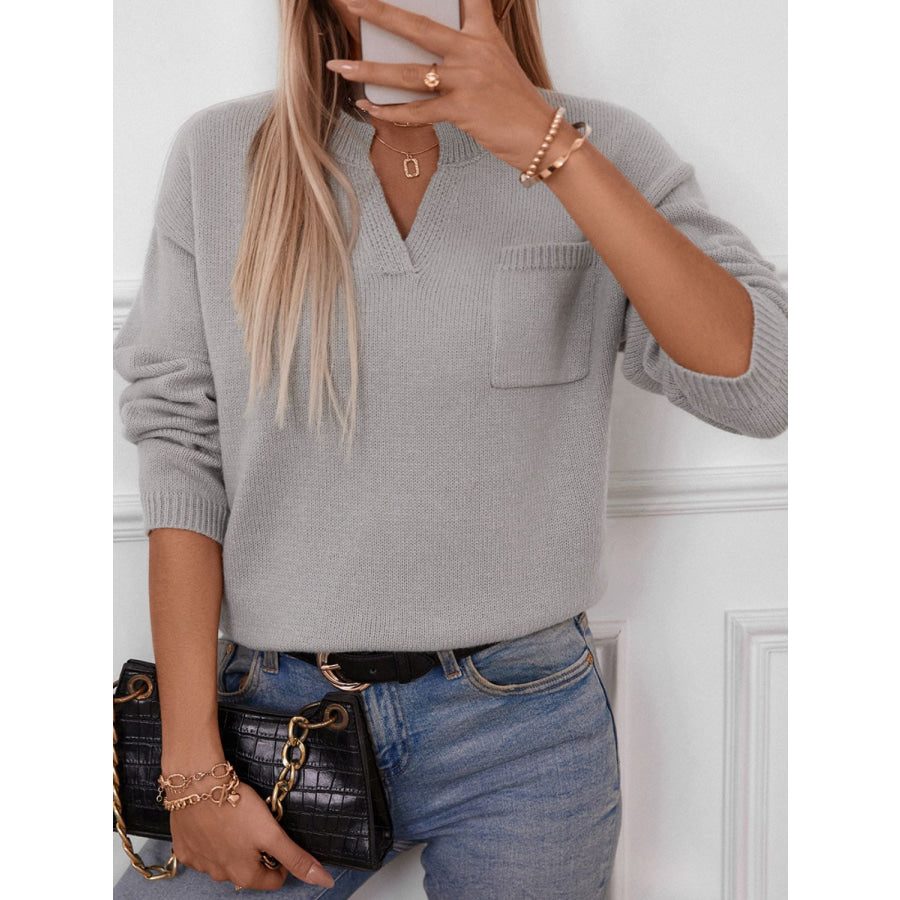 Pocketed Notched Long Sleeve Knit Top Apparel and Accessories