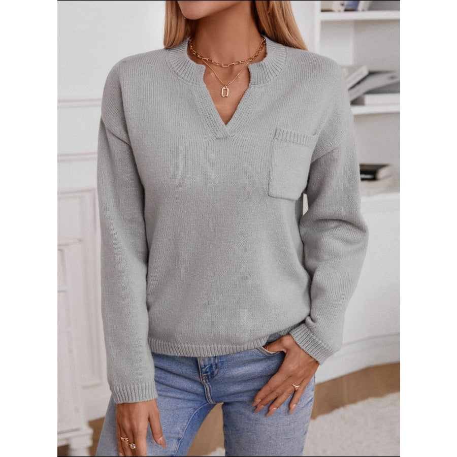 Pocketed Notched Long Sleeve Knit Top Apparel and Accessories