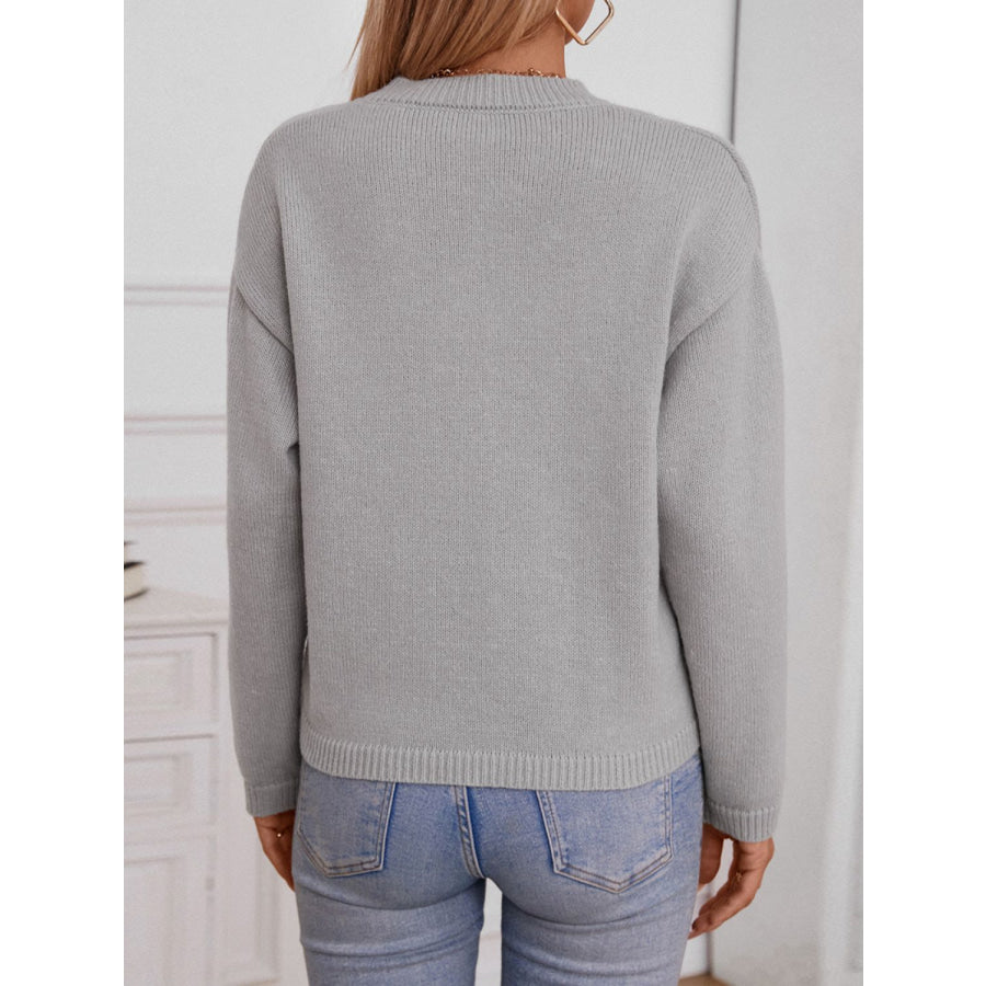 Pocketed Notched Long Sleeve Knit Top Apparel and Accessories