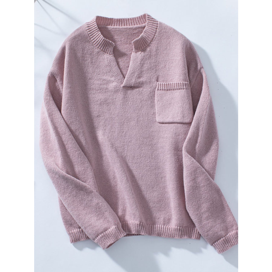 Pocketed Notched Long Sleeve Knit Top Dusty Pink / S Apparel and Accessories