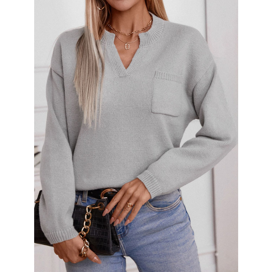 Pocketed Notched Long Sleeve Knit Top Gray / S Apparel and Accessories