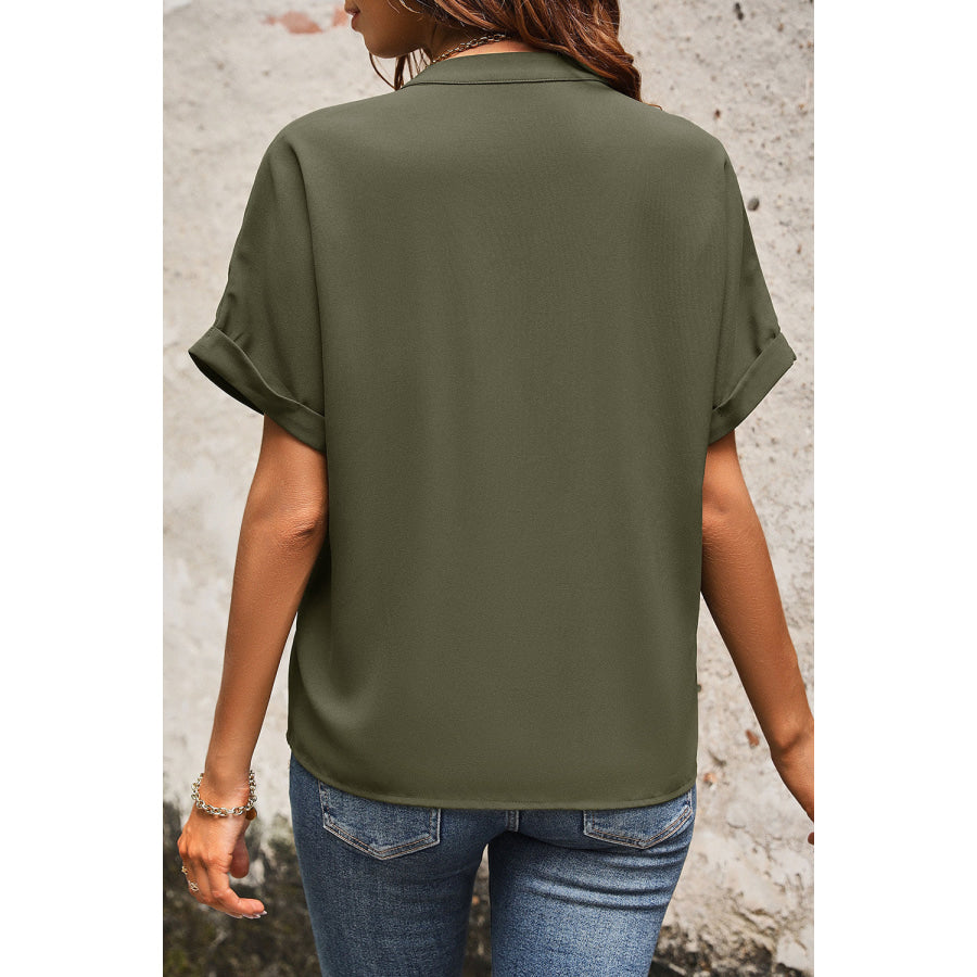 Pocketed Notched Short Sleeve Blouse Apparel and Accessories