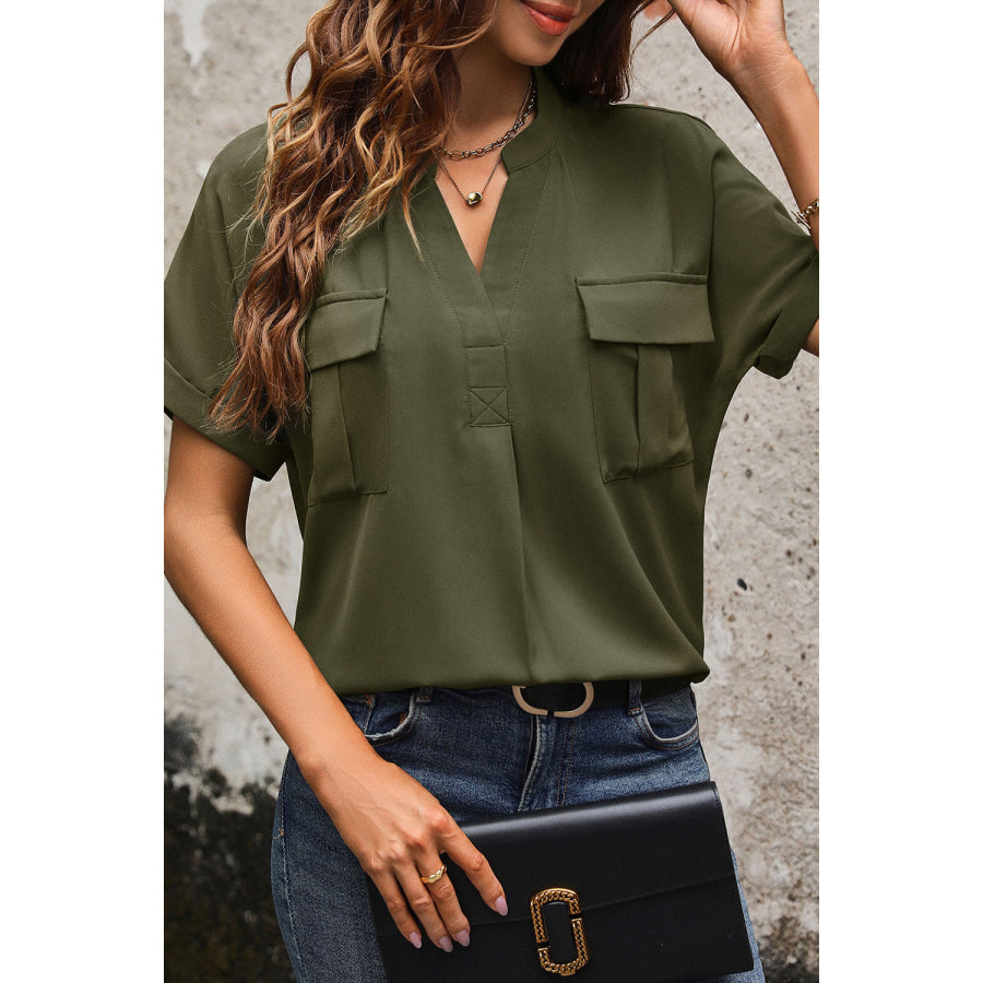 Pocketed Notched Short Sleeve Blouse Apparel and Accessories