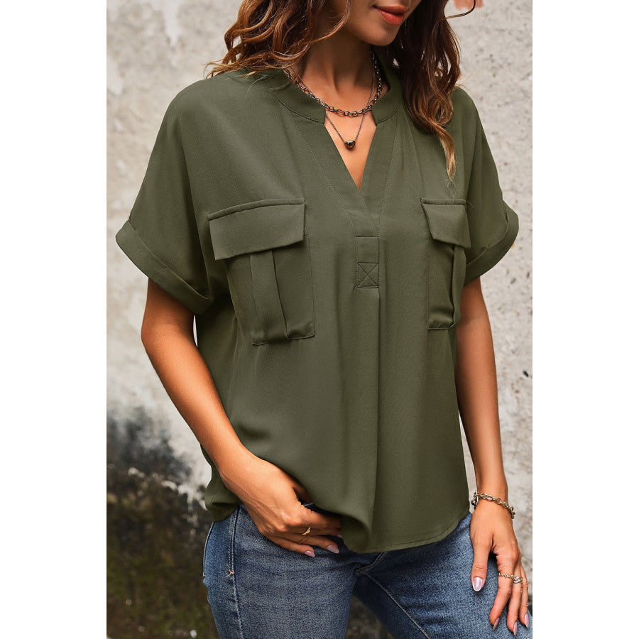 Pocketed Notched Short Sleeve Blouse Apparel and Accessories