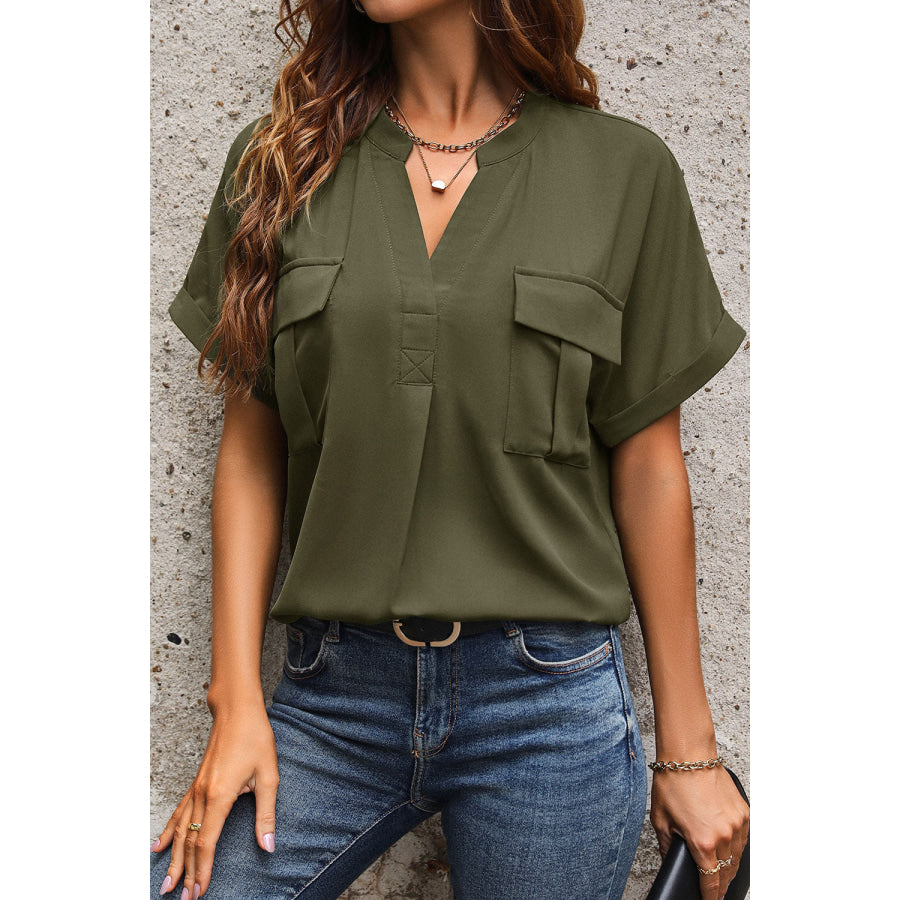 Pocketed Notched Short Sleeve Blouse Apparel and Accessories