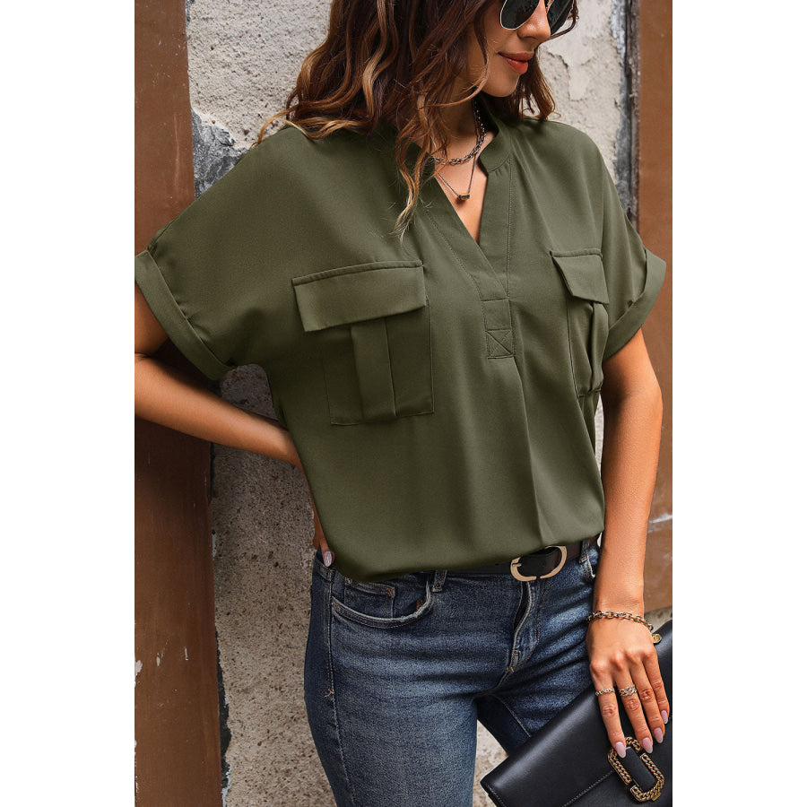 Pocketed Notched Short Sleeve Blouse Apparel and Accessories