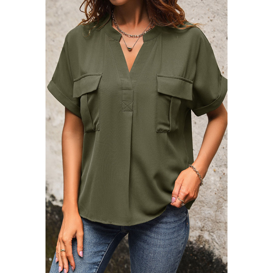 Pocketed Notched Short Sleeve Blouse Moss / S Apparel and Accessories